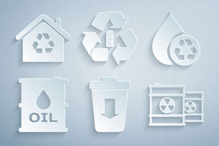 Set Send to the trash, Recycle clean aqua, Oil barrel, Radioactive waste in, Battery with recycle and Eco House recycling icon. Vectorのイラスト素材