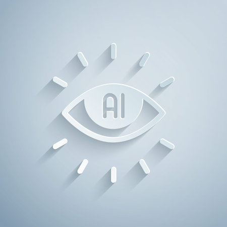 Paper cut Artificial intelligence AI icon isolated on grey background. Machine learning, cloud computing, automated support assistance and networks. Paper art style. Vectorのイラスト素材