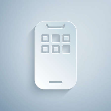 Paper cut Mobile Apps icon isolated on grey background. Smartphone with screen icons, applications. mobile phone showing screen. Paper art style. Vectorのイラスト素材