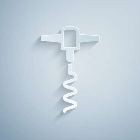 Paper cut Wine corkscrew icon isolated on grey background. Paper art style. Vectorのイラスト素材