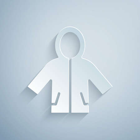 Paper cut Raincoat icon isolated on grey background. Paper art style. Vectorのイラスト素材