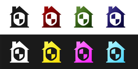 Set House under protection icon isolated on black and white background. Home and shield. Protection, safety, security, protect, defense concept. Vectorのイラスト素材