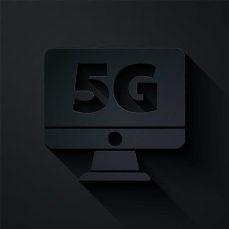Paper cut Monitor with 5G new wireless internet wifi icon isolated on black background. Global...