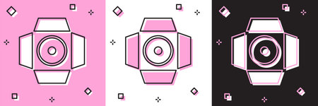 Set Movie spotlight icon isolated on pink and white, black background. Light Effect. Scene, Studio,...