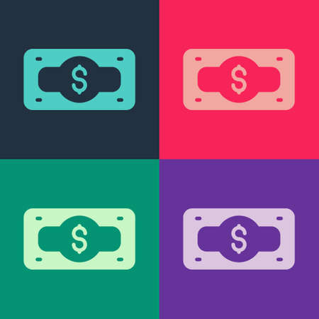 Pop art Stacks paper money cash icon isolated on color background. Money banknotes stacks. Bill currency. Vectorのイラスト素材