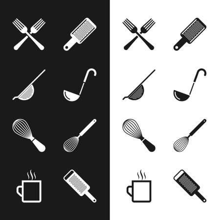 Set Kitchen ladle, colander, Crossed fork, Grater, whisk, and Coffee cup icon. Vectorのイラスト素材