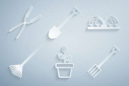 Set Flowers in pot, Automatic irrigation sprinklers, Garden rake for leaves, pitchfork, shovel and Gardening handmade scissor icon. Vectorのイラスト素材