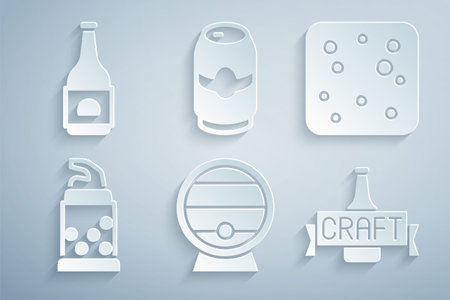 Set Wooden barrel on rack, Beer bubbles, Bottle opener, bottle, can and icon. Vectorのイラスト素材