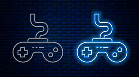 Glowing neon line Gamepad icon isolated on brick wall background. Game controller. Vectorのイラスト素材