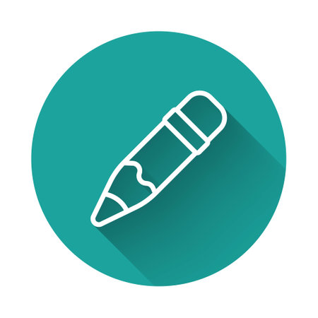 White line Pencil with eraser icon isolated with long shadow background. Drawing and educational tools. School office symbol. Green circle button. Vectorのイラスト素材