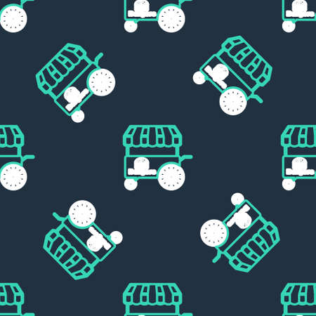 Line Fast street food cart with awning icon isolated seamless pattern on black background. Burger or hamburger icon. Urban kiosk. Vectorのイラスト素材
