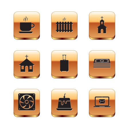 Set Coffee cup, Computer cooler, Pudding custard, Travel suitcase, Church building and icon. Vectorのイラスト素材