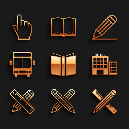 Set Open book, Crossed pencil, ruler and, Hotel building, Bus, Pencil line and Pixel hand cursor icon. Vectorのイラスト素材