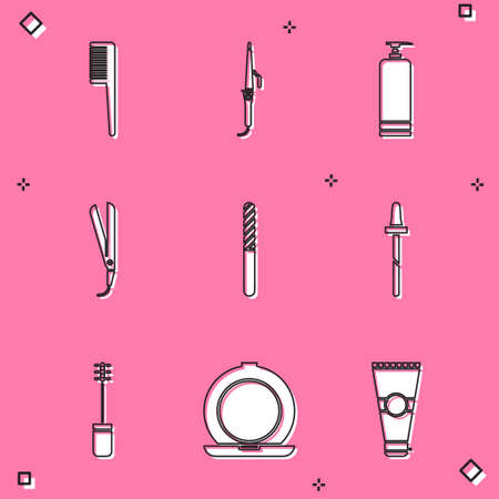 Set Hairbrush, Curling iron, Cream cosmetic tube, Nail file, Pipette, Mascara and Makeup powder with mirror icon. Vectorのイラスト素材