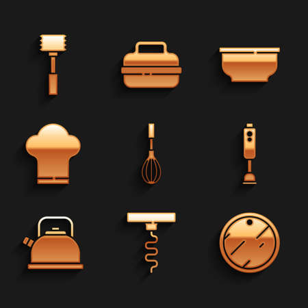 Set Kitchen whisk, Wine corkscrew, Cutting board, Blender, Kettle with handle, Chef hat, Bowl and hammer icon. Vectorのイラスト素材
