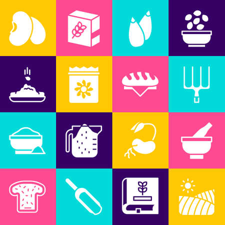 Set Agriculture wheat field, Mortar and pestle, Garden pitchfork, Seed, Pack full of seeds of plant, Beans and Bread loaf icon. Vectorのイラスト素材