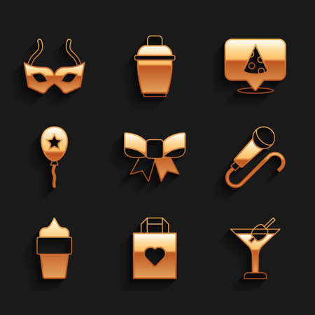 Set Gift bow, Shopping bag with heart, Martini glass, Microphone, Ice cream waffle cone, Balloon ribbon, Slice of pizza and Festive mask icon. Vectorのイラスト素材