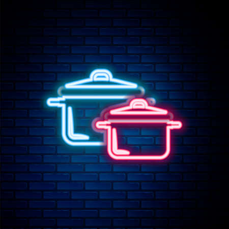 Glowing neon line Cooking pot icon isolated on brick wall background. Boil or stew food symbol. Colorful outline concept. Vectorのイラスト素材