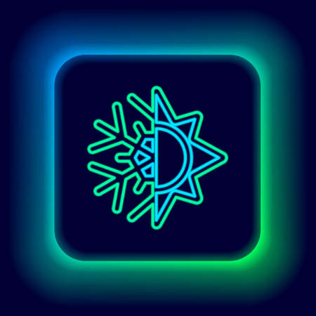 Glowing neon line Hot and cold symbol. Sun and snowflake icon isolated on black background. Winter and summer symbol. Colorful outline concept. Vectorのイラスト素材