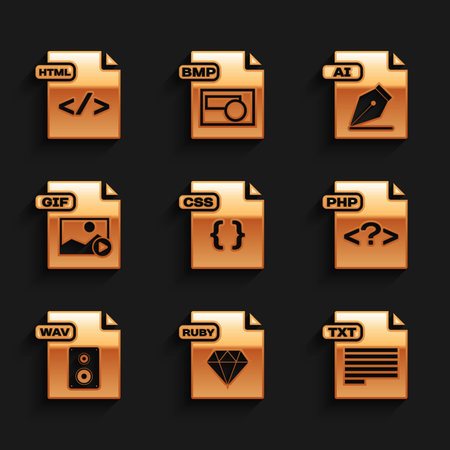 Set CSS file document, RUBY, TXT, PHP, WAV, GIF, AI and HTML icon ...