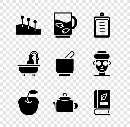 Set Acupuncture therapy, Cup of tea and leaf, Clipboard with checklist, Apple, Kettle handle, Medical book, Bathtub and Mortar pestle icon. Vectorのイラスト素材
