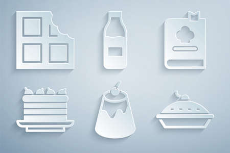 Set Pudding custard, Cookbook, Cake, Homemade pie, Bottle with milk and Chocolate bar icon. Vectorのイラスト素材