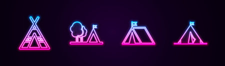Set line Tourist tent, with flag, and . Glowing neon icon. Vectorのイラスト素材