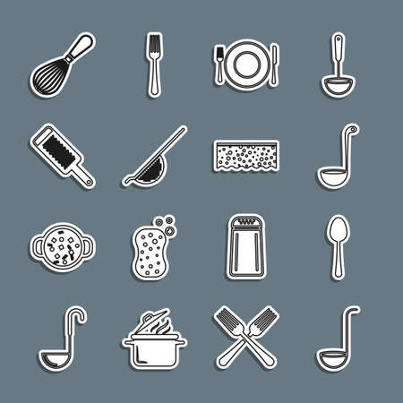 Set line Kitchen ladle, Spoon, Plate, fork and knife, colander, Grater, whisk and Sponge with bubbles icon. Vectorのイラスト素材