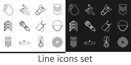 Set line Target sport, Military helmet, Aviation bomb, Nuclear rocket, rank, Hand grenade, dog tags and Rocket icon. Vectorのイラスト素材