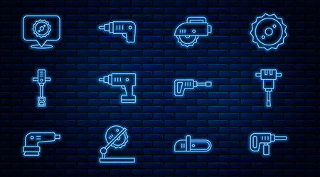 Set line Electric drill machine, Construction jackhammer, circular saw, cordless screwdriver, Electrical hand concrete mixer, Circular blade, Rotary and icon. Vectorのイラスト素材