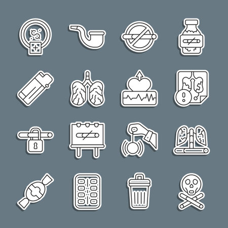 Set line Bones and skull, Disease lungs, No smoking, Lighter, Stop money saving and Heartbeat increase icon. Vectorのイラスト素材