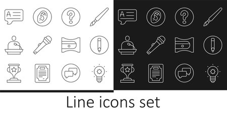 Set line Light bulb, Pencil, Speech bubbles with Question, Microphone, Gives lecture, Answer, sharpener and Ear listen sound signal icon. Vectorのイラスト素材