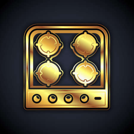 Gold Gas stove icon isolated on black background. Cooktop sign. Hob with four circle burners. Vectorのイラスト素材