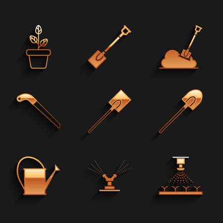Set Garden shovel, Automatic irrigation sprinklers, Watering can, saw, Shovel the ground and Flowers pot icon. Vectorのイラスト素材