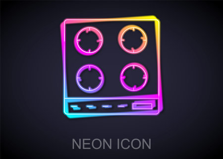 Glowing neon line Gas stove icon isolated on black background. Cooktop sign. Hob with four circle burners. Vectorのイラスト素材
