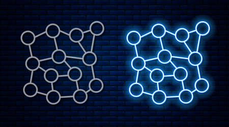 Glowing neon line Neural network icon isolated on brick wall background. Artificial intelligence AI. Vectorのイラスト素材