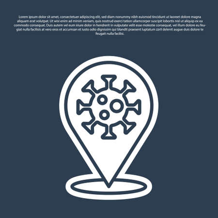 Blue line  virus   on location icon isolated on blue background. Bacteria and germs, cell cancer, microbe, fungi. Vector.のイラスト素材
