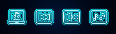 Set line Laptop with music, Rewind button, Speaker volume and Music note, tone. Glowing neon icon....