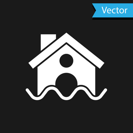White House flood icon isolated on black background. Home flooding under water. Insurance concept. Security, safety, protection, protect concept..のイラスト素材