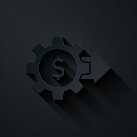 Paper cut Gear with dollar symbol icon isolated on black background. Business and finance conceptual icon. Paper art style. Vectorのイラスト素材