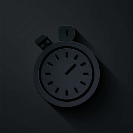 Paper cut Stopwatch icon isolated on black background. Time timer sign. Chronometer sign. Paper art style. Vectorのイラスト素材