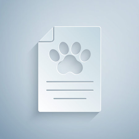 Paper cut Clipboard with medical clinical record pet icon isolated on grey background. Health insurance form. Medical check marks report. Paper art style. Vectorのイラスト素材