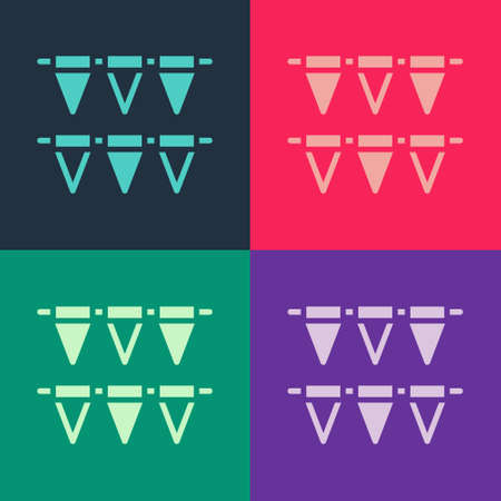 Pop art Carnival garland with flags icon isolated on color background. Party pennants for birthday celebration, festival decoration. Vectorのイラスト素材