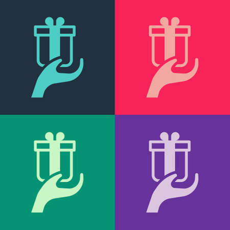 Pop art Give gift icon isolated on color background. Gift in hand. The concept of giving and receiving a gift. Vectorのイラスト素材