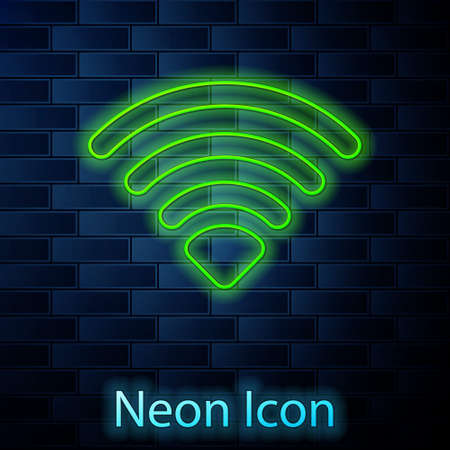 Glowing neon line WiFi wireless internet network symbol icon isolated on brick wall background. Vectorのイラスト素材