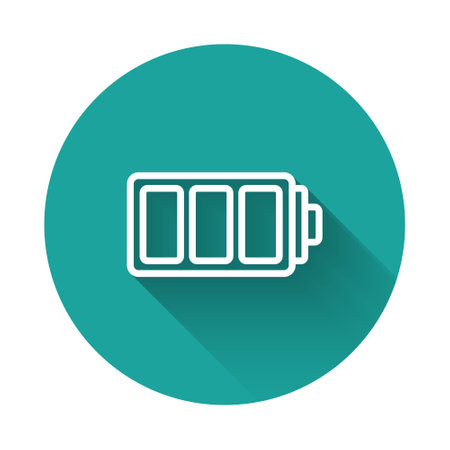 White line Battery charge level indicator icon isolated with long shadow background. Green circle button. Vectorのイラスト素材