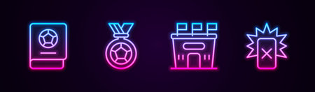 Set line Football learning book, or soccer medal, stadium and Red card football. Glowing neon icon. Vectorのイラスト素材
