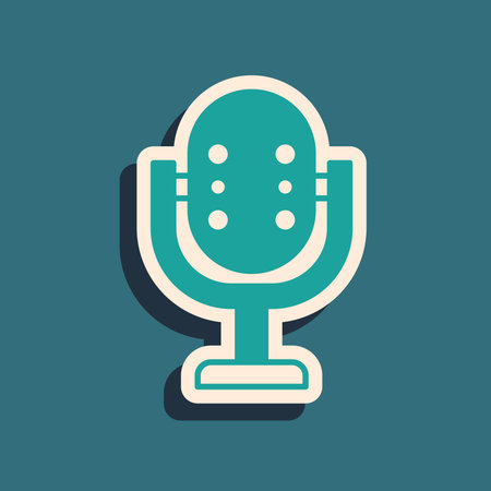 Green Microphone icon isolated on green background. On air radio mic microphone. Speaker sign. Long shadow style. Vectorのイラスト素材