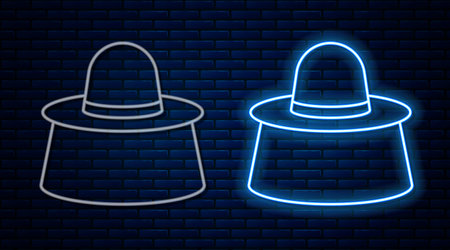 Glowing neon line Beekeeper with protect hat icon isolated on brick wall background. Special protective uniform. Vectorのイラスト素材