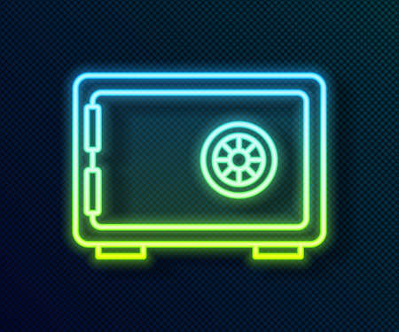 Glowing neon line Safe icon isolated on black background. The door safe a bank vault with a combination lock. Reliable Data Protection. Vectorのイラスト素材